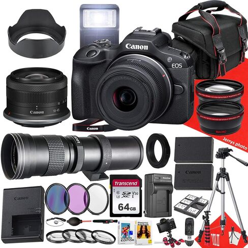 Canon EOS R100 Mirrorless Camera with 18-45mm and 420-800mm Lens + 64 GB Memory + Hood + Monopod + Filters + Tripod + More (31pc Bundle), Black (Renewed) in Saudi Arabia