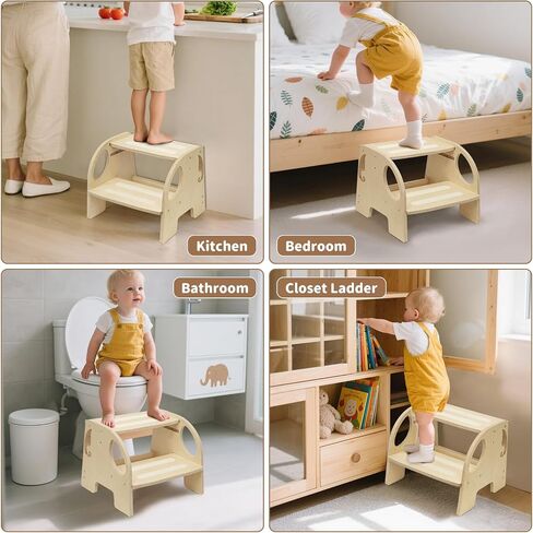 Wooden Toddler Step Stool - Height-Adjustable Non-Slip 2-Step Stool for Kids, Potty Training for Bathroom Sink, Kitchen & Bedroom - Lightweight, Easy Assembly in Saudi Arabia