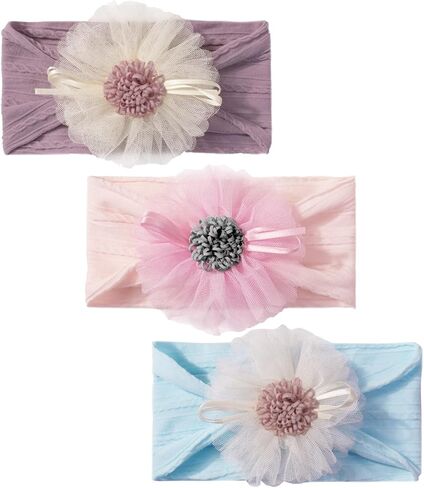 Baby Girls Sunflower Headbands, 3 Pack Baby Hairband Hair Bows Lace and Stretchy Elastic Accessory for Newborn Infants Toddlers (Burgundy+Yellow+White, One Size(Stretchy)) in Saudi Arabia