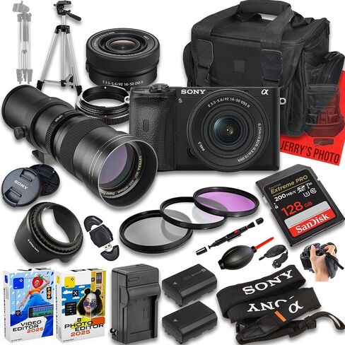 كاميرا Sony a6600 بدون مرآة مع E PZ 16-50 مم f/3.5-5.6 OSS & 420-800 مم f/8 عدسة مقربة فائقة الدقة + ذاكرة 128 جيجابايت + بطارية إضافية + حقيبة كاميرا + المزيد (حزمة 24 قطعة) (متجددة) in Saudi Arabia