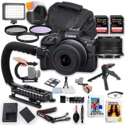 كاميرا Canon EOS R100 بدون مرآة مع عدسة مقاس 18-45 مم وذاكرة فائقة سعة 128 جيجابايت، وإضاءة فيديو LED، ومقبض U، ومجموعات مرشحات والمزيد (متجددة) in Kuwait