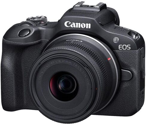 كاميرا Canon EOS R100 بدون مرآة مع عدسة مقاس 18-45 مم وذاكرة فائقة سعة 128 جيجابايت، وإضاءة فيديو LED، ومقبض U، ومجموعات مرشحات والمزيد (متجددة) in Kuwait