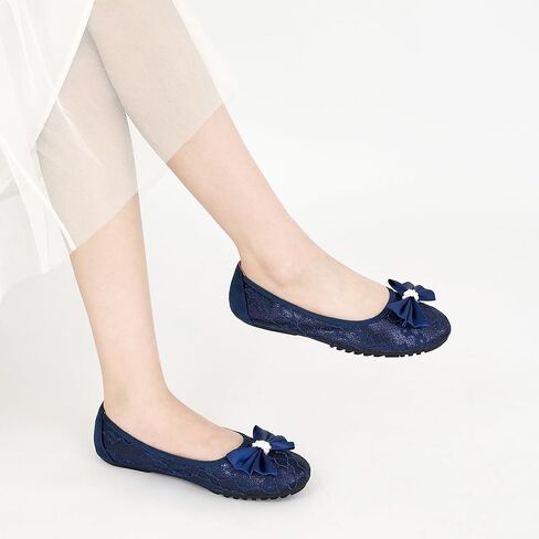 HARENCE Ballet Flats for Women Dressy: Comfortable Round Toe Bow Lace Mesh Wedding Flat Casual Slip On Walking Work Dress Shoes in Kuwait