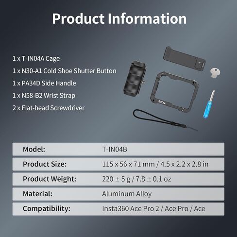 مجموعة قفص Nitze Street Snap Cage لـ Insta360 Ace Pro 2/ Ace Pro/Ace مجموعة قبضة Xplorer من سبائك الألومنيوم، مع مقبض جانبي مريح، وحزام معصم وزر مصراع الحذاء البارد - T-IN04B in Saudi Arabia