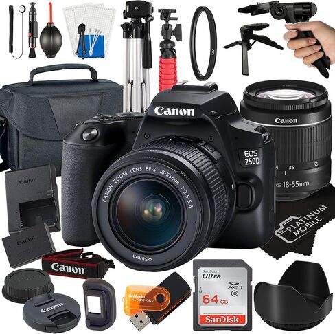 Canon EOS 250D / Rebel SL3 Digital SLR Camera with EF-S 18-55mm Zoom Lens + SanDisk 64GB Card + Tripod + Case + MegaAccessory Bundle (21pc Bundle) (18-55MM Lens, SanDisk 64GB) (Renewed) in Saudi Arabia