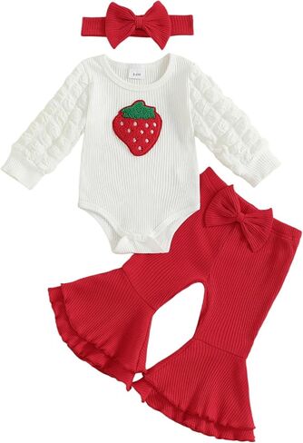 Newborn Baby Girl Outfits Infant Ribbed Knit Romper Tops+Bow Bell Bottoms Pants+Cute Headband 3pcs Fall Clothes Set in Saudi Arabia