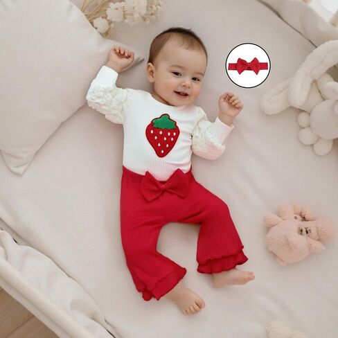 Newborn Baby Girl Outfits Infant Ribbed Knit Romper Tops+Bow Bell Bottoms Pants+Cute Headband 3pcs Fall Clothes Set in Saudi Arabia