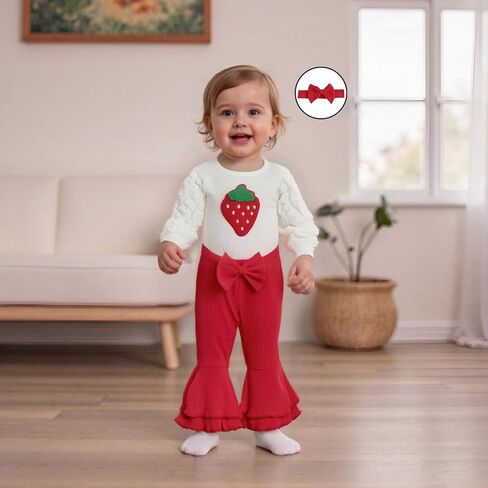 Newborn Baby Girl Outfits Infant Ribbed Knit Romper Tops+Bow Bell Bottoms Pants+Cute Headband 3pcs Fall Clothes Set in Saudi Arabia