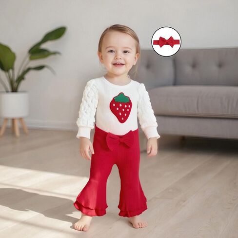 Newborn Baby Girl Outfits Infant Ribbed Knit Romper Tops+Bow Bell Bottoms Pants+Cute Headband 3pcs Fall Clothes Set in Saudi Arabia