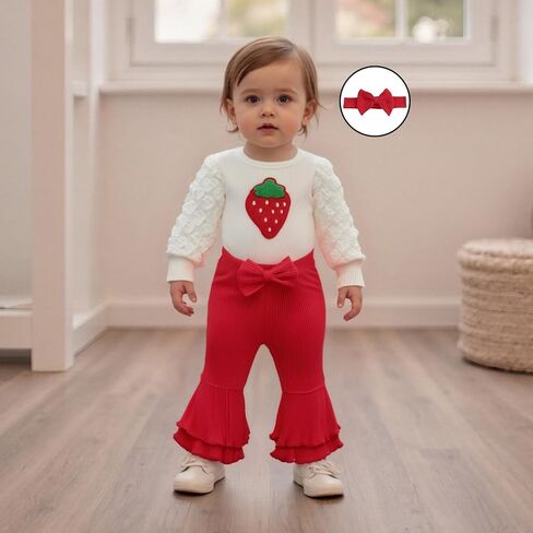 Newborn Baby Girl Outfits Infant Ribbed Knit Romper Tops+Bow Bell Bottoms Pants+Cute Headband 3pcs Fall Clothes Set in Saudi Arabia