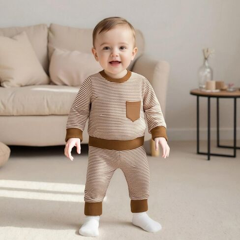 fhutpw Toddler Baby Boy Fall Clothes Striped Long Sleeve Pullover Tops Pants Set Infant Winter Outfits 3M-3T in Saudi Arabia