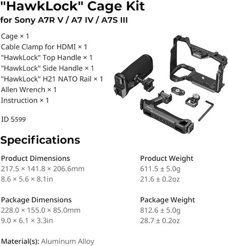 SmallRig HawkLock Quick Release Cage Kit for Sony Alpha 7R V / A7 IV / A7S III, with Top Handle/Side Handle/Cable Clamp for HDMI in Saudi Arabia