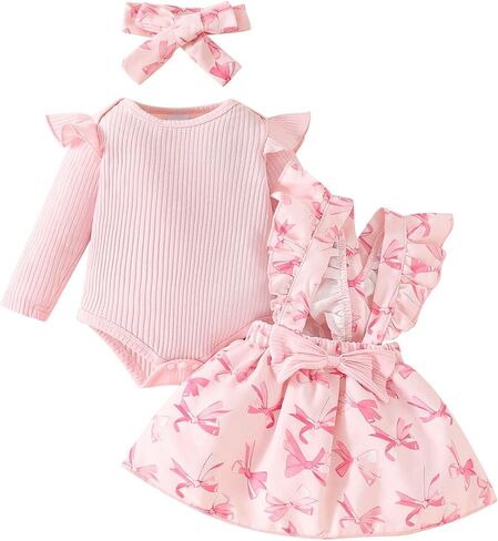 FYMNSI Baby Girls Fall Outfit Bow Print Ruffle Romper Suspender Tutu Skirt Headband 3PCS Infant Toddler Christmas Dresses in Saudi Arabia