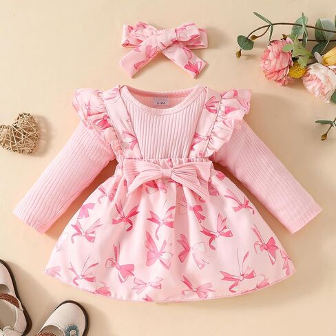 FYMNSI Baby Girls Fall Outfit Bow Print Ruffle Romper Suspender Tutu Skirt Headband 3PCS Infant Toddler Christmas Dresses in Saudi Arabia