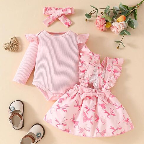 FYMNSI Baby Girls Fall Outfit Bow Print Ruffle Romper Suspender Tutu Skirt Headband 3PCS Infant Toddler Christmas Dresses in Saudi Arabia