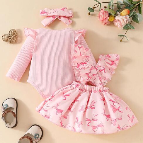 FYMNSI Baby Girls Fall Outfit Bow Print Ruffle Romper Suspender Tutu Skirt Headband 3PCS Infant Toddler Christmas Dresses in Saudi Arabia