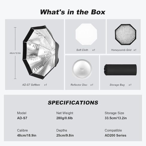 Godox AD-S7 Umbrella Softbox for Godox AD200 AD200Pro AD200Pro II AD360II Strobe Flash Quick Set up Release 48cm/18.9inch Soft Box with Grid Diffuser Carry Bag in Saudi Arabia