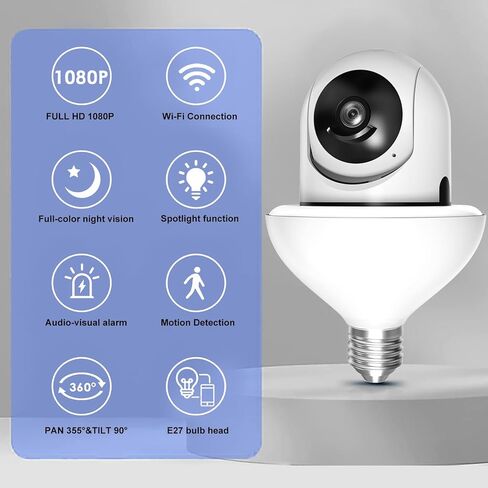 كاميرا مراقبة بمصباح كهربائي - 2.4 جيجا هرتز واي فاي 1080 بكسل كاميرات مراقبة لاسلكية داخلية وخارجية وكشف الحركة والتنبيه، محادثة ثنائية الاتجاه، رؤية ليلية ملونة، يمكن استخدامها كمصباح شارع in Kuwait