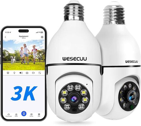 WESECUU Light Bulb Security Camera -5G& 2.4GHz WiFi 2K Security Cameras Wireless Outdoor Motion Detection and Alarm,Two-Way Talk,Color Night Vision,Human Detection, Bulb Camera Compatible with Alexa in Saudi Arabia