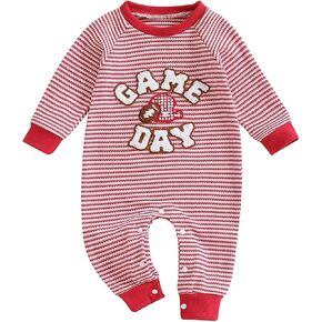 Newborn Baby Girl Boy Romper Waffle Game Day Embroidery Long Sleeve Stripe Bodysuit Infant Fall Winter Clothes in Saudi Arabia