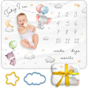 Baby Milestone Blanket, 40x50in Soft Flannel, Custom Cloud & Star Design with Baby Animals, Includes Yellow Star & Blue Cloud Milestone Markers, Perfect, White & Pastel Colors in Saudi Arabia