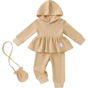 Happy Town Toddler Baby Girl Clothes Ribbed Knit Long Sleeve Hoodie Shirt Solid Pants Set with Bag Fall Winter Outfit in Kuwait