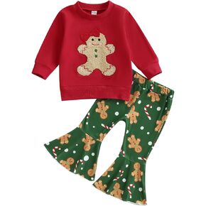 Toddler Baby Girl Christmas Outfit Gingerbread Candy Cane Sweatshirt Bell Bottom Pants Set in Kuwait