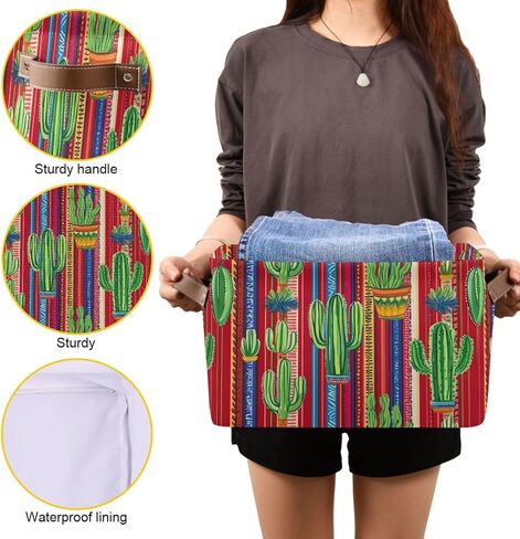 Nander Mexican Striped Style and Cactus Storage Basket 1PCS,Foldable Storage Bin Waterproof Laundry Basket Storage Box with Handle for Home Closet & Office Living Room in Saudi Arabia