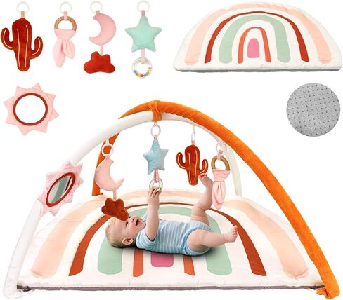 Baby Play Gym & Washable Activity Mat, Non Slip Bottom Tummy Time Mat with 5 Detachable Sensory Toys for Motor Skills, Newborn Infant Baby Essentials Shower Gift(Rainbow) in Saudi Arabia