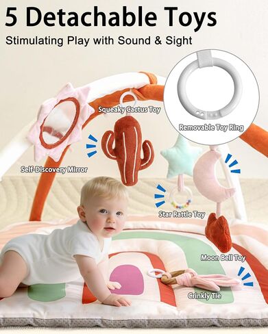Baby Play Gym & Washable Activity Mat, Non Slip Bottom Tummy Time Mat with 5 Detachable Sensory Toys for Motor Skills, Newborn Infant Baby Essentials Shower Gift(Rainbow) in Saudi Arabia