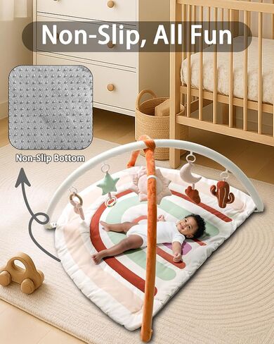 Baby Play Gym & Washable Activity Mat, Non Slip Bottom Tummy Time Mat with 5 Detachable Sensory Toys for Motor Skills, Newborn Infant Baby Essentials Shower Gift(Rainbow) in Saudi Arabia