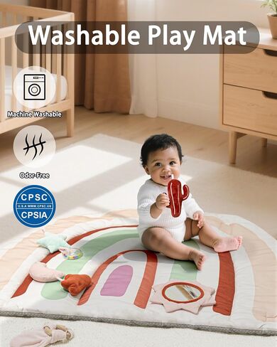 Baby Play Gym & Washable Activity Mat, Non Slip Bottom Tummy Time Mat with 5 Detachable Sensory Toys for Motor Skills, Newborn Infant Baby Essentials Shower Gift(Rainbow) in Saudi Arabia