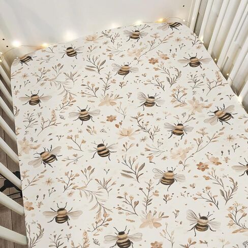 Vintage Bees Boho Flowers Baby Crib Sheets for Boy Girl 52x28Inch Retro Bees Floral Soft Stretchy Fitted Crib Mattress Cover Spring Summer Baby Sheet Fits Unisex Standard Bed and Toddler Mattress in Saudi Arabia