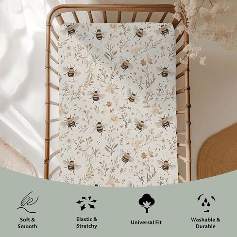 Vintage Bees Boho Flowers Baby Crib Sheets for Boy Girl 52x28Inch Retro Bees Floral Soft Stretchy Fitted Crib Mattress Cover Spring Summer Baby Sheet Fits Unisex Standard Bed and Toddler Mattress in Saudi Arabia