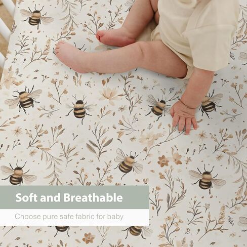 Vintage Bees Boho Flowers Baby Crib Sheets for Boy Girl 52x28Inch Retro Bees Floral Soft Stretchy Fitted Crib Mattress Cover Spring Summer Baby Sheet Fits Unisex Standard Bed and Toddler Mattress in Saudi Arabia