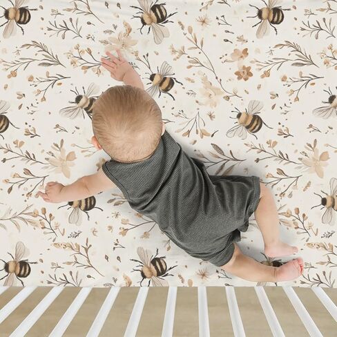 Vintage Bees Boho Flowers Baby Crib Sheets for Boy Girl 52x28Inch Retro Bees Floral Soft Stretchy Fitted Crib Mattress Cover Spring Summer Baby Sheet Fits Unisex Standard Bed and Toddler Mattress in Saudi Arabia