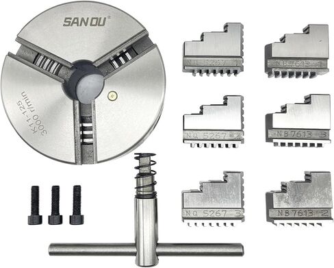K11-125 ظرف مخرطة ذاتية التمركز بـ 3 فكوك مقاس 5 بوصات K11-125 | ظرف تمرير من الفولاذ المقوى مقاس 125 مم مع مجموعات فك مزدوجة (داخلي 2.5-40 مم/خارجي 38-110 مم) | مخرطة صغيرة مقاس 8 × 16 وآلات طحن باستخدام الحاسب الآلي (K11-125) in Kuwait