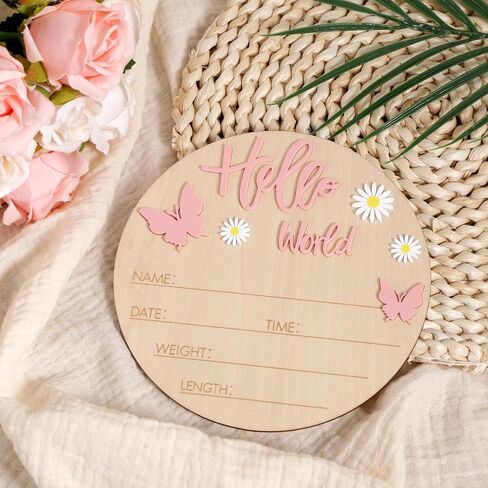 Baby Announcement Sign with Marker Pen, Wooden Hello World Newborn Signs Cute Welcome Baby Name Board for Boys Girls Hospital Nursery Decor Photo Props in Saudi Arabia