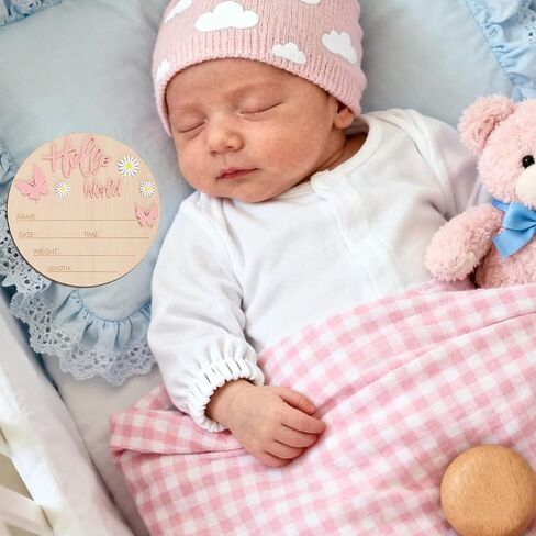 Baby Announcement Sign with Marker Pen, Wooden Hello World Newborn Signs Cute Welcome Baby Name Board for Boys Girls Hospital Nursery Decor Photo Props in Saudi Arabia