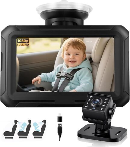 Zacro 1080P Baby Car Mirror Camera for Rear Facing Seat, USB/Type-C Port 4.3" Backseat Headrest Carseat Camera Monitor with HD Night Vision for Baby Safety in Car, 150° Wide View Angle, 360° Rotatable in Saudi Arabia