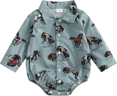 Newborn Western Baby Boy Outfit Long Sleeve Cowboy Dress Shirt Infant Bubble Romper Button Bodysuit Oneise Clothes in Saudi Arabia