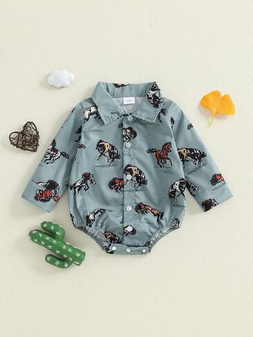 Newborn Western Baby Boy Outfit Long Sleeve Cowboy Dress Shirt Infant Bubble Romper Button Bodysuit Oneise Clothes in Saudi Arabia