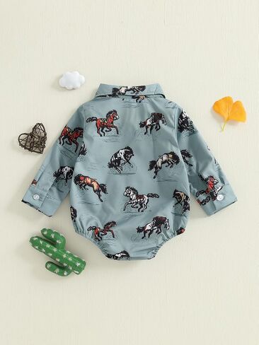 Newborn Western Baby Boy Outfit Long Sleeve Cowboy Dress Shirt Infant Bubble Romper Button Bodysuit Oneise Clothes in Saudi Arabia