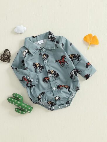 Newborn Western Baby Boy Outfit Long Sleeve Cowboy Dress Shirt Infant Bubble Romper Button Bodysuit Oneise Clothes in Saudi Arabia