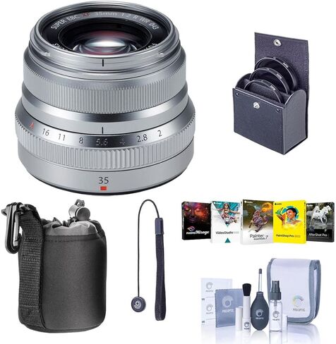 عدسة Fujifilm XF مقاس 35 مم f/2 R WR، فضية، حزمة مع طقم مرشح 43 مم، حقيبة عدسة، طقم تنظيف، حبل غطاء العدسة، مجموعة برامج الكمبيوتر in Kuwait
