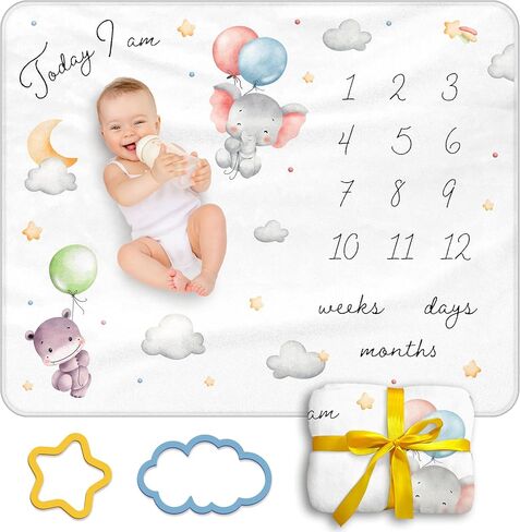 Baby Milestone Blanket, 40x50in Soft Flannel, Custom Cloud & Star Design with Baby Animals, Includes Yellow Star & Blue Cloud Milestone Markers, Perfect, White & Pastel Colors in Saudi Arabia