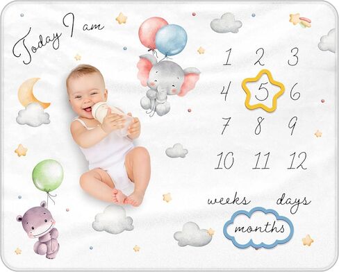 Baby Milestone Blanket, 40x50in Soft Flannel, Custom Cloud & Star Design with Baby Animals, Includes Yellow Star & Blue Cloud Milestone Markers, Perfect, White & Pastel Colors in Saudi Arabia