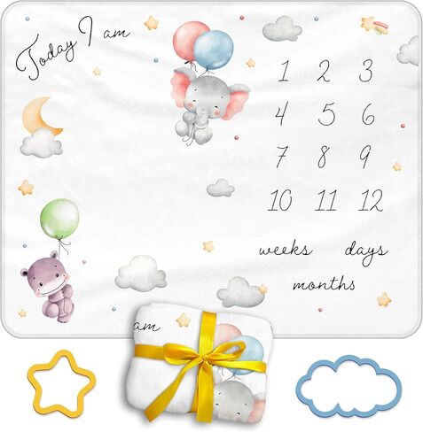 Baby Milestone Blanket, 40x50in Soft Flannel, Custom Cloud & Star Design with Baby Animals, Includes Yellow Star & Blue Cloud Milestone Markers, Perfect, White & Pastel Colors in Saudi Arabia