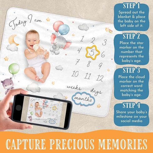 Baby Milestone Blanket, 40x50in Soft Flannel, Custom Cloud & Star Design with Baby Animals, Includes Yellow Star & Blue Cloud Milestone Markers, Perfect, White & Pastel Colors in Saudi Arabia
