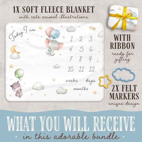 Baby Milestone Blanket, 40x50in Soft Flannel, Custom Cloud & Star Design with Baby Animals, Includes Yellow Star & Blue Cloud Milestone Markers, Perfect, White & Pastel Colors in Saudi Arabia